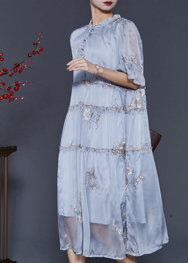 Style Grey Ruffled Embroidered Silk Long Dresses Summer