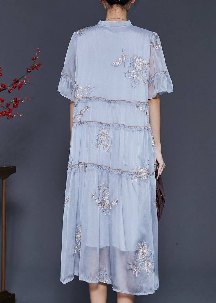 Style Grey Ruffled Embroidered Silk Long Dresses Summer