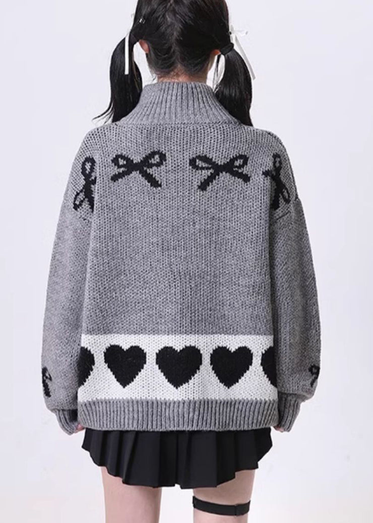 Style Grey Stand Collar Lace Bow Knit Loose Cardigans Spring