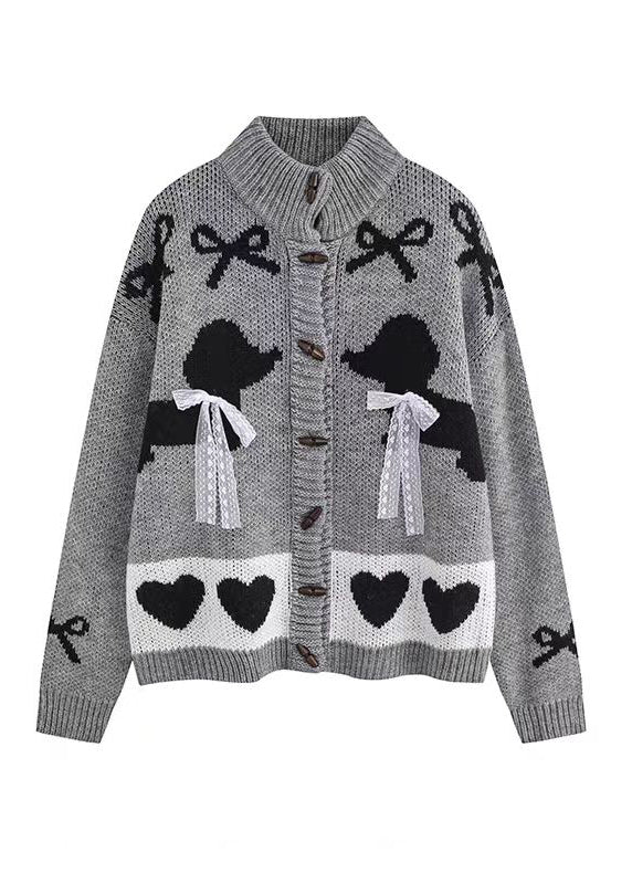 Style Grey Stand Collar Lace Bow Knit Loose Cardigans Spring