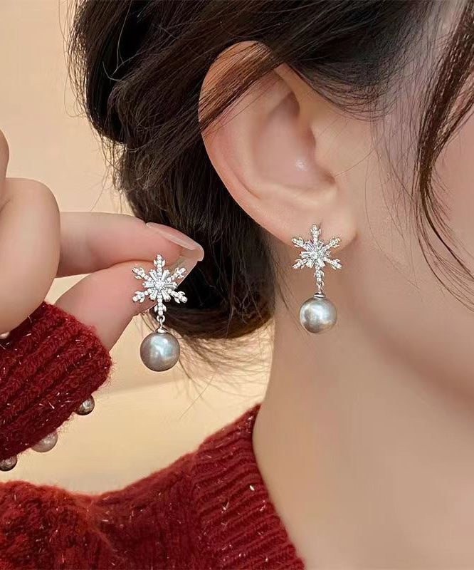 Style Grey Sterling Silver Zircon Pearl Snowflake Tassel Drop Earrings