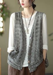 Style Grey V Neck Hollow Out Knit Vest Spring