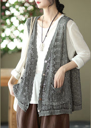 Style Grey V Neck Hollow Out Knit Vest Spring