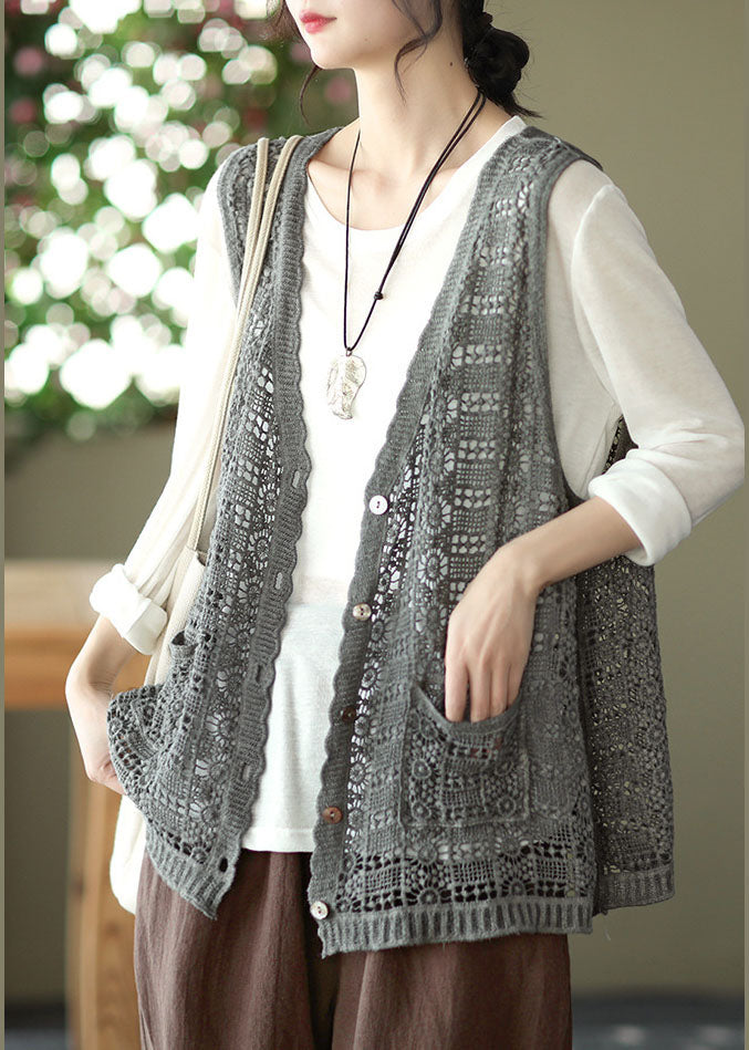 Style Grey V Neck Hollow Out Knit Vest Spring