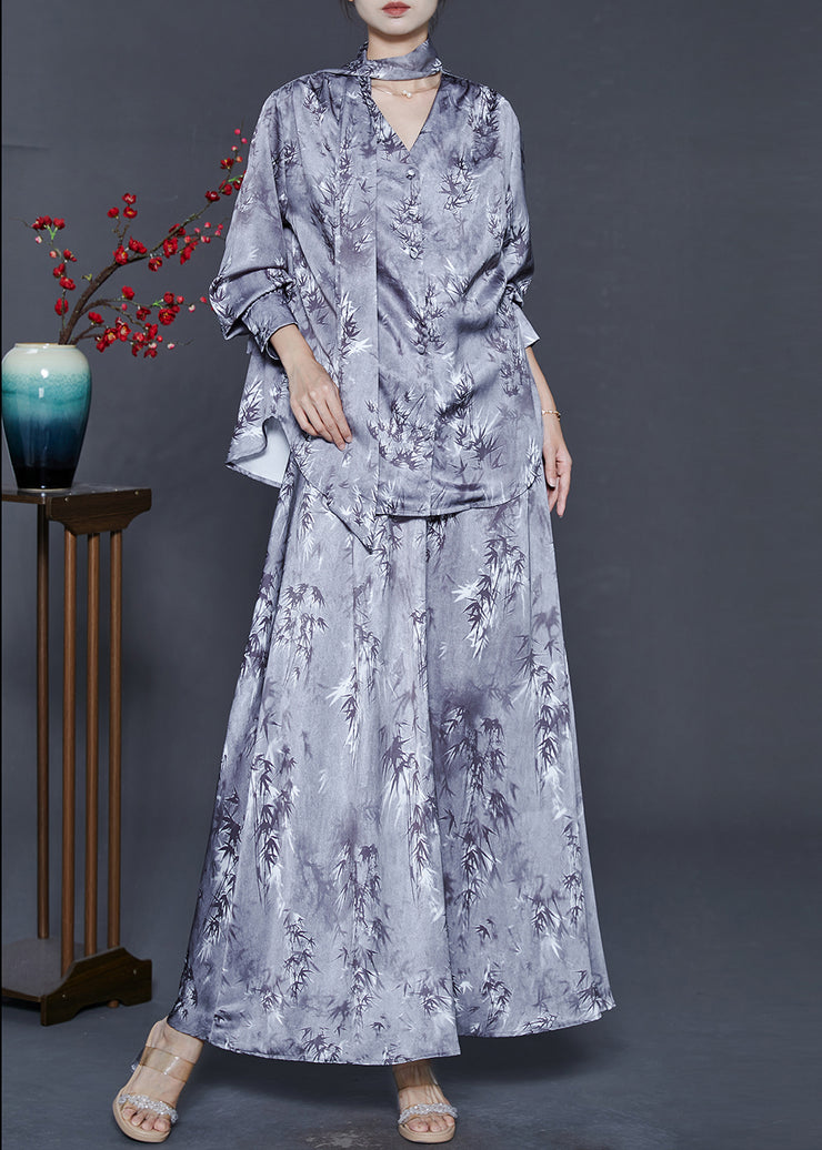 Style Grey V Neck Print Silk Two Piece Set Women Clothing Fall