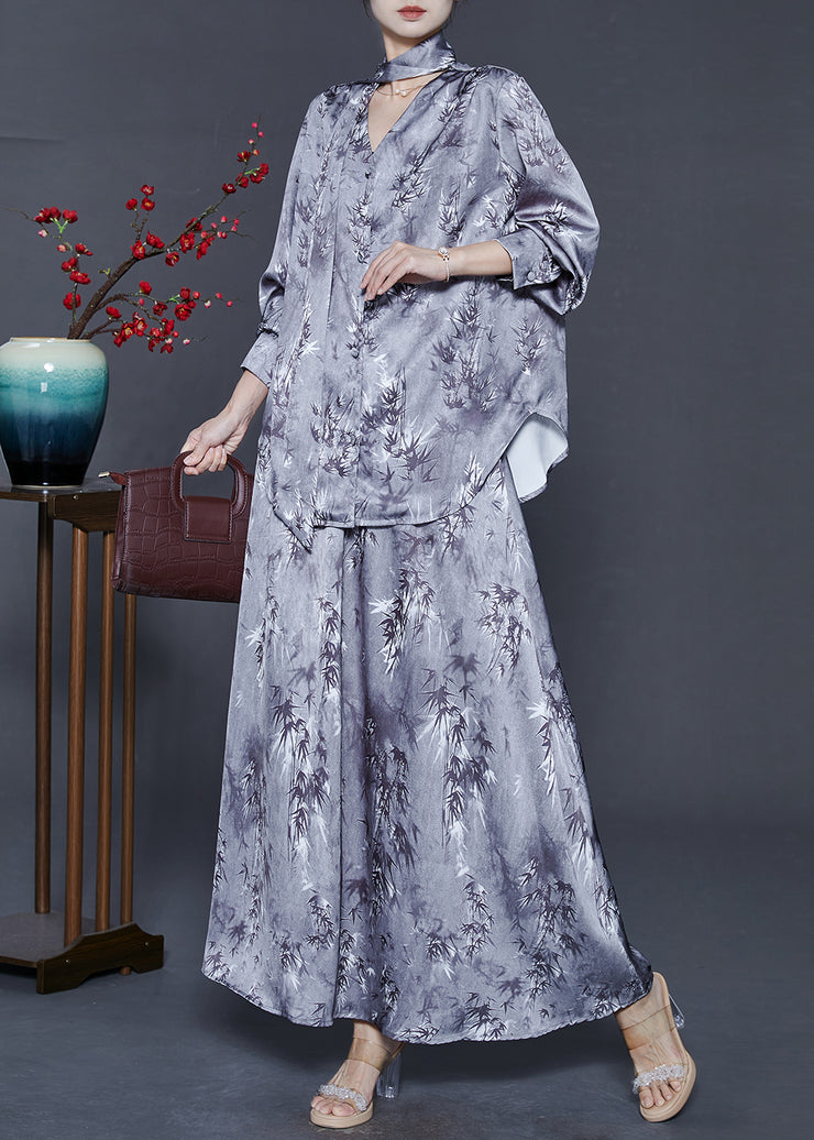 Style Grey V Neck Print Silk Two Piece Set Women Clothing Fall