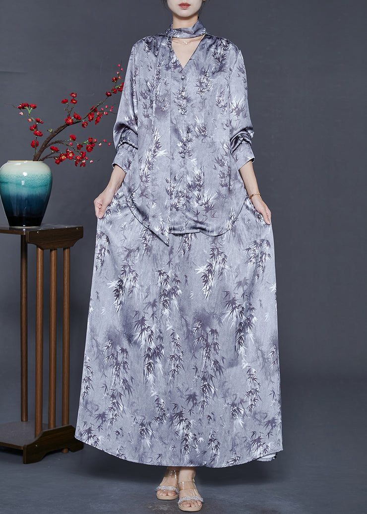 Style Grey V Neck Print Silk Two Piece Set Women Clothing Spring