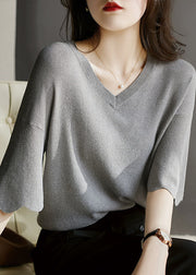 Style Grey V Neck Solid Color Knit Tops Flare Sleeve