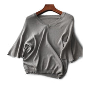 Style Grey V Neck Solid Color Knit Tops Flare Sleeve