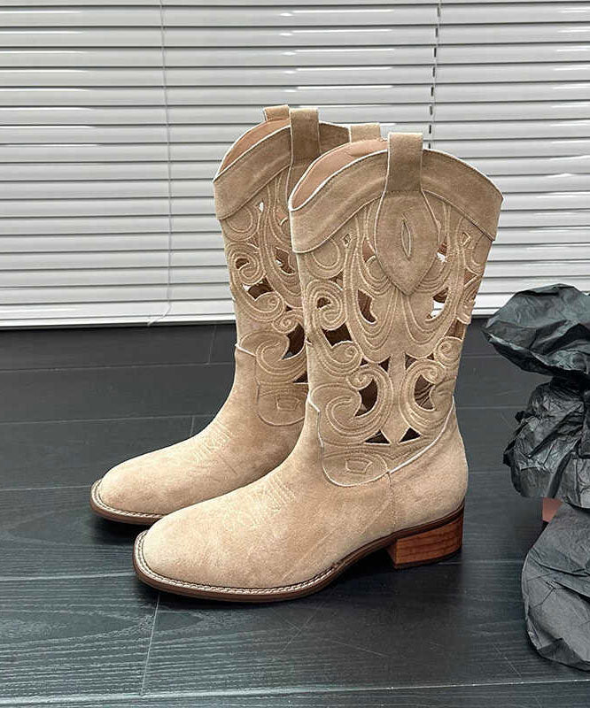 Style Hollow Out Embroidery Chunky Boots Brown Cowhide Leather