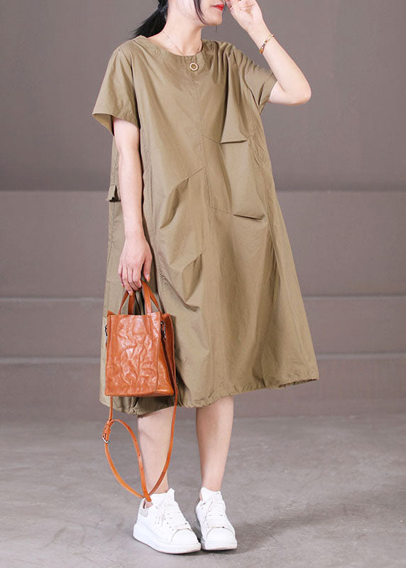 Style Khaki Asymmetrical Design Wrinkled Cotton Party Dress Short Sleeve