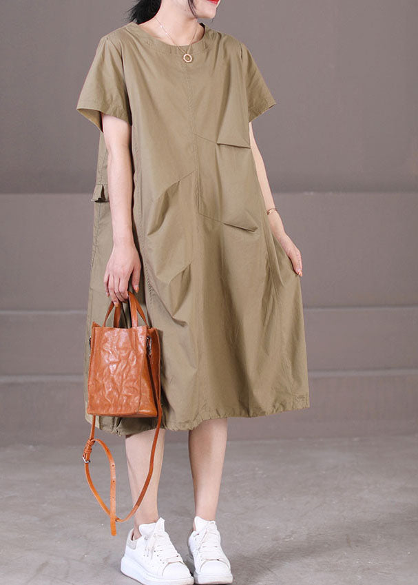 Style Khaki Asymmetrical Design Wrinkled Cotton Party Dress Short Sleeve