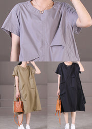 Style Khaki Asymmetrical Design Wrinkled Cotton Party Dress Short Sleeve