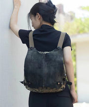 Style Khaki Calf Leather Patchwork Canvas Backpack Satchel Bag