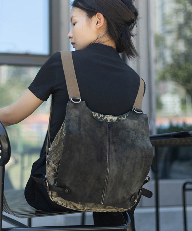 Style Khaki Calf Leather Patchwork Canvas Backpack Satchel Bag