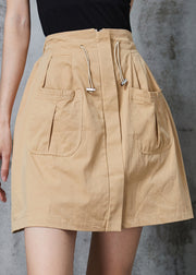 Style Khaki Drawstring Pockets Cotton Short Skirt Summer