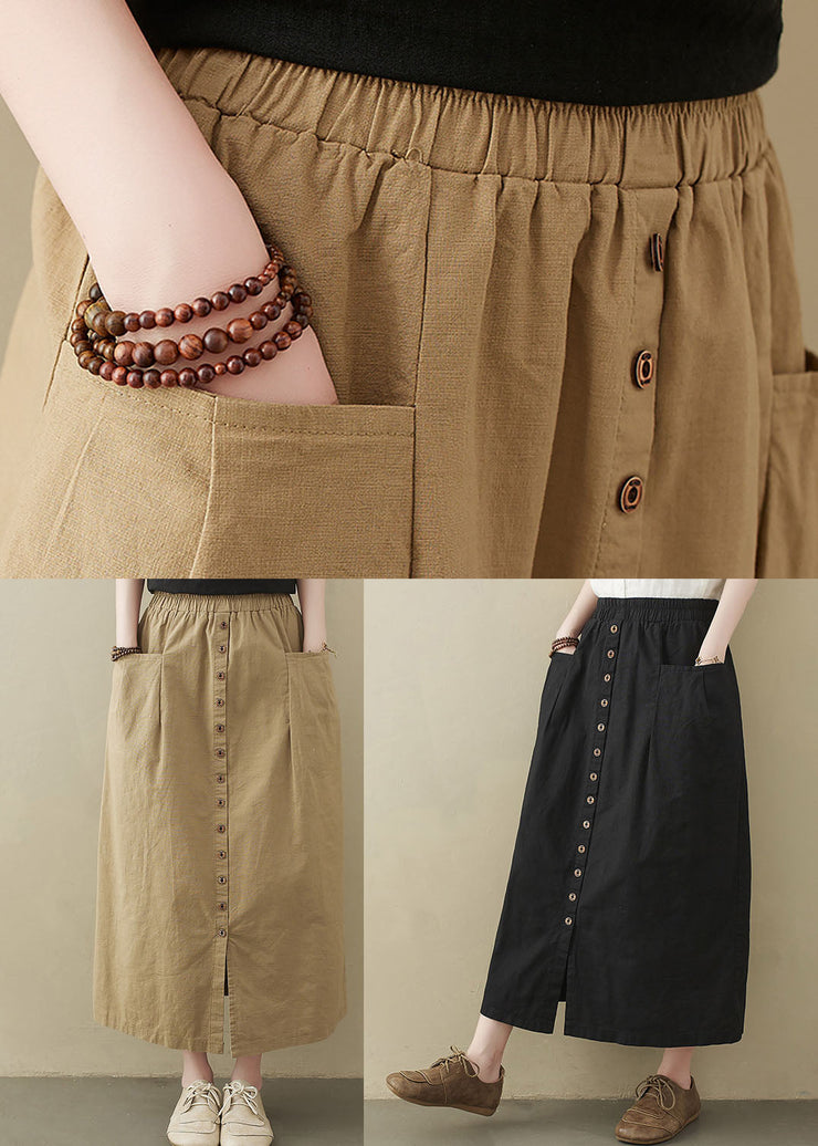 Style Khaki Elastic Waist Buttons Cotton A Line Skirt Summer