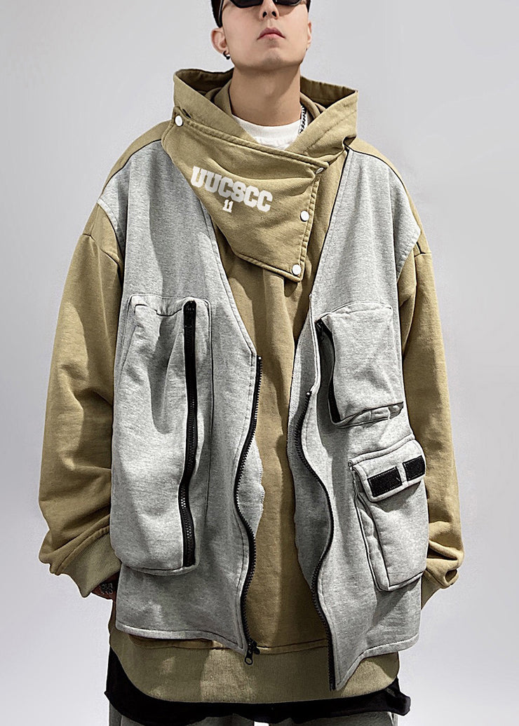 Style Khaki Hooded Patchwork Cotton Mens Loose Sweatshirt Spring