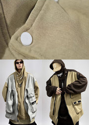 Style Khaki Hooded Patchwork Cotton Mens Loose Sweatshirt Spring