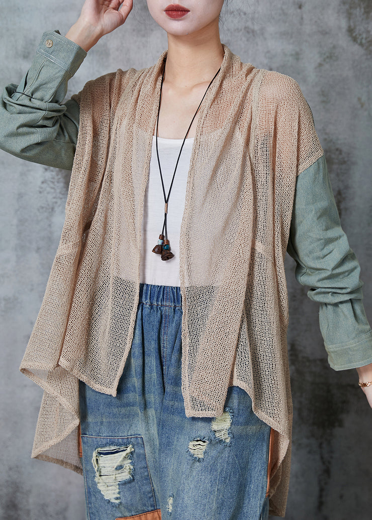 Style Khaki Low High Design Patchwork Knit Cardigans Spring