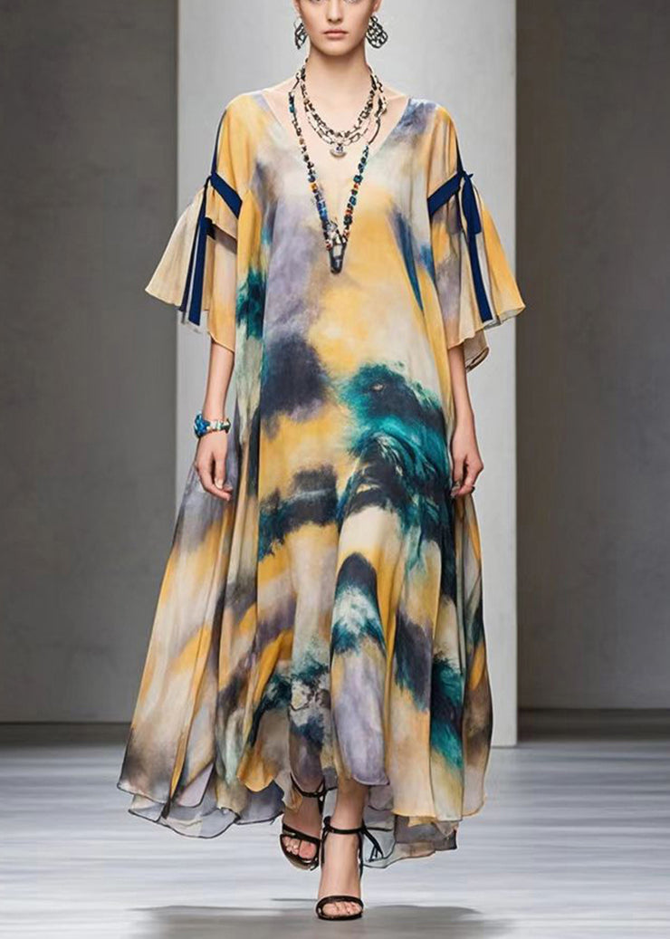 Style Khaki Oversized Tie Dye Chiffon Dresses Fall