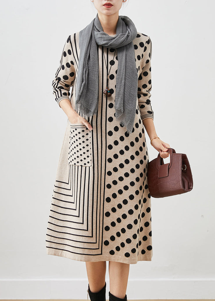 Style Khaki Patchwork Print Knit Sweater Dress Fall