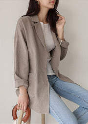 Style Khaki Peter Pan Collar Pockets Linen Coats Spring