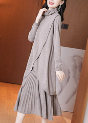 Style Khaki Turtle Neck Asymmetrical Design Knit Pleated Dress Two Piece Set Winter