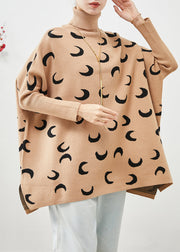 Style Khaki Turtle Neck Oversized Print Knit Sweater Tops Batwing Sleeve