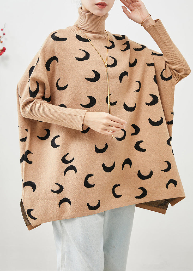 Style Khaki Turtle Neck Oversized Print Knit Sweater Tops Batwing Sleeve