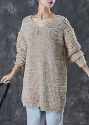 Style Khaki V Neck Oversized Knit Sweater Dress Winter