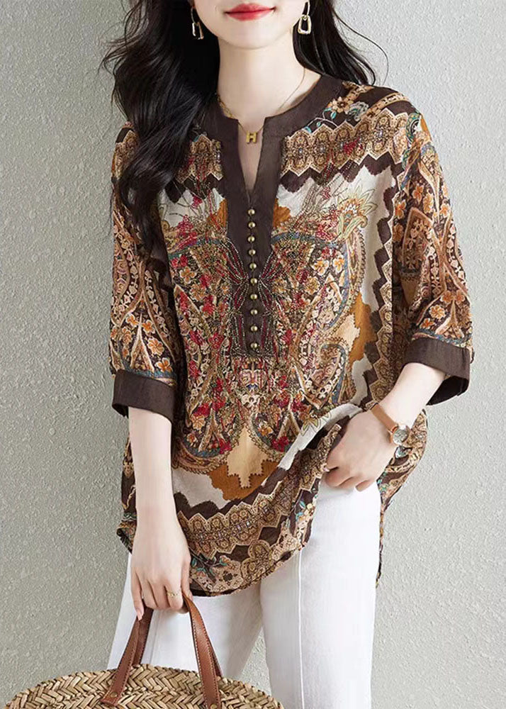 Style Khaki V Neck Print Patchwork Chiffon Shirt Tops Summer