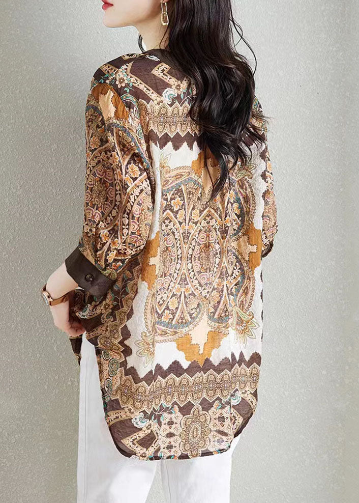 Style Khaki V Neck Print Patchwork Chiffon Shirt Tops Summer