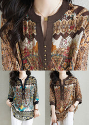 Style Khaki V Neck Print Patchwork Chiffon Shirt Tops Summer