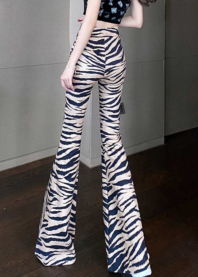 Style Khaki Zebra Pattern High Waist Slim Fit Flared Trousers Spring