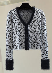 Style Leopard V Neck Fuzzy Fur Fluffy Cotton Knit Sweaters Winter