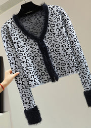 Style Leopard V Neck Fuzzy Fur Fluffy Cotton Knit Sweaters Winter