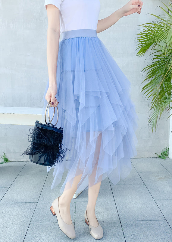 Style Light Blue Asymmetrical Elastic Waist Tulle Skirts Summer