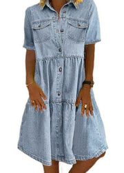 Style Light Blue Peter Pan Collar Wrinkled Patchwork Denim Mid Dress Summer