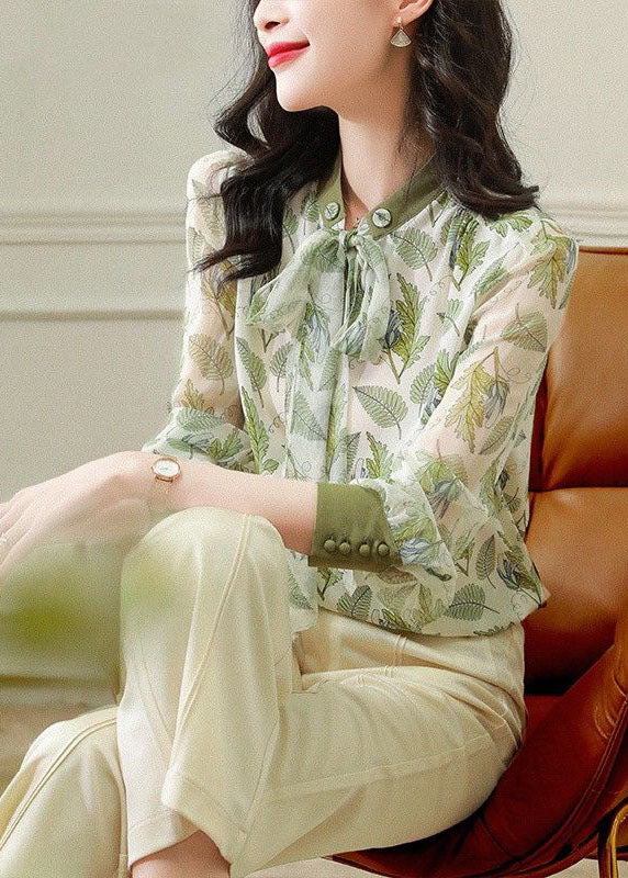 Style Light Green Bow Cinched Print Chiffon Tops Spring