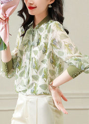 Style Light Green Bow Cinched Print Chiffon Tops Spring