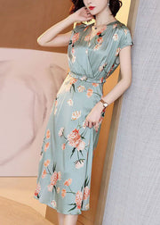 Style Light Green Cinched Print Silk Vacation Dresses Summer