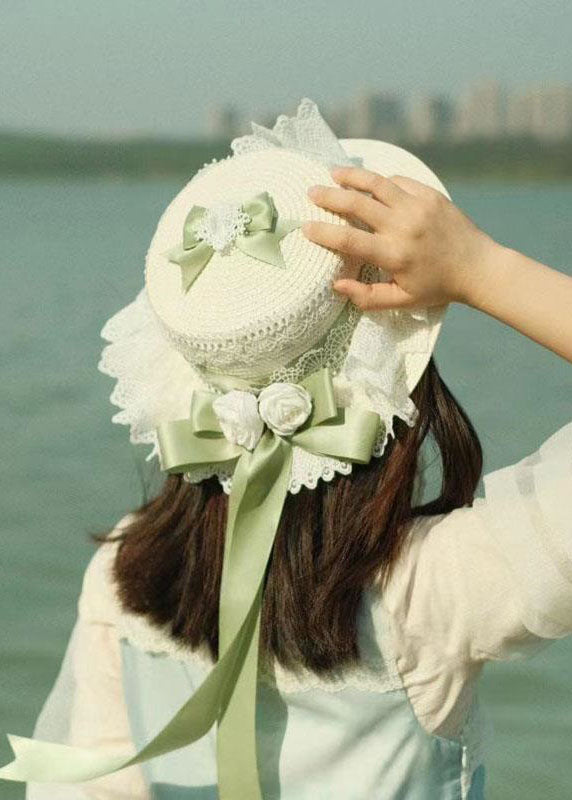 Style Light Green Lace Bow Floral Straw Woven Sun Hat