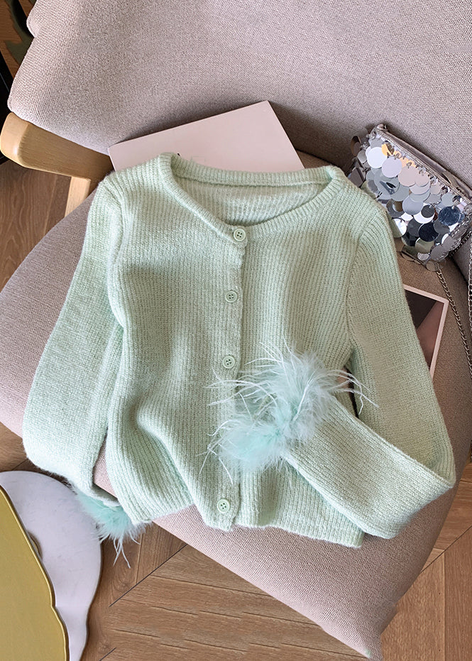 Style Light Green O-Neck Button Cotton Knit Cardigan Spring