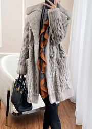 Style Light Grey Button Pockets Patchwork Mink Hair Knitted Coat Fall