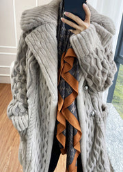 Style Light Grey Button Pockets Patchwork Mink Hair Knitted Coat Fall