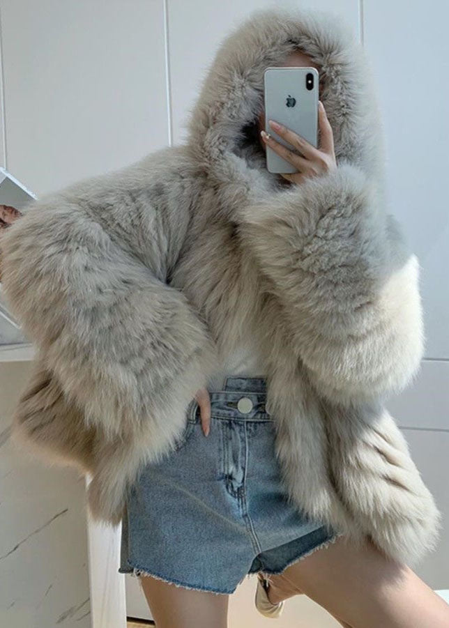 Style Light Grey Hooded Patchwork Fuzzy Fur Fluffy Jacket Winter