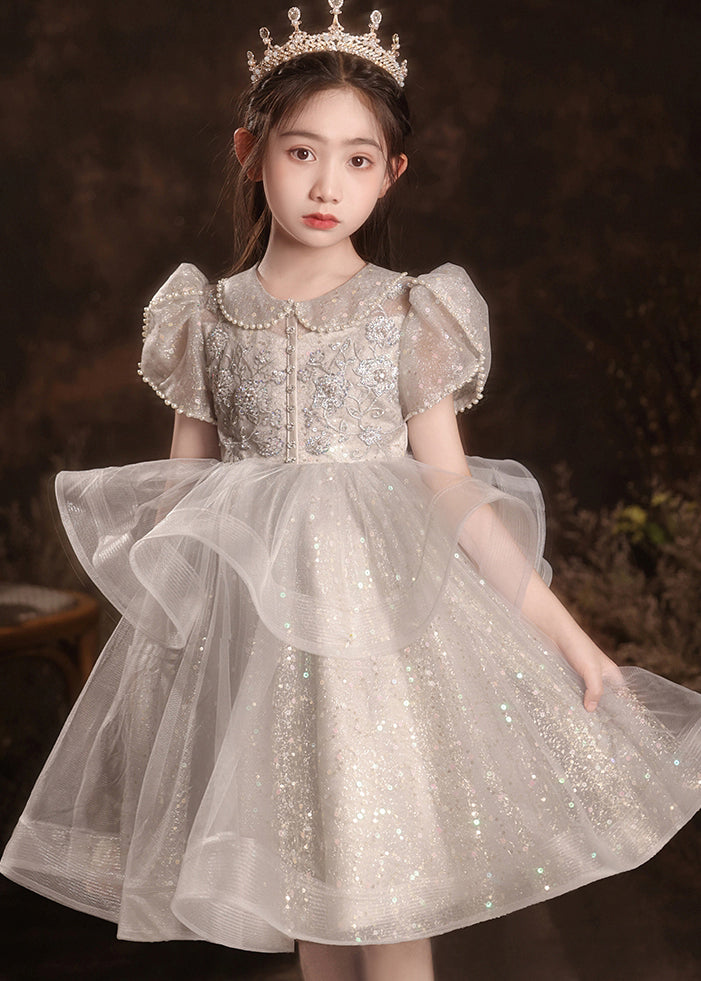 Style Light Grey Peter Pan Collar Nail Bead Tulle Kids Long Dress Short Sleeve