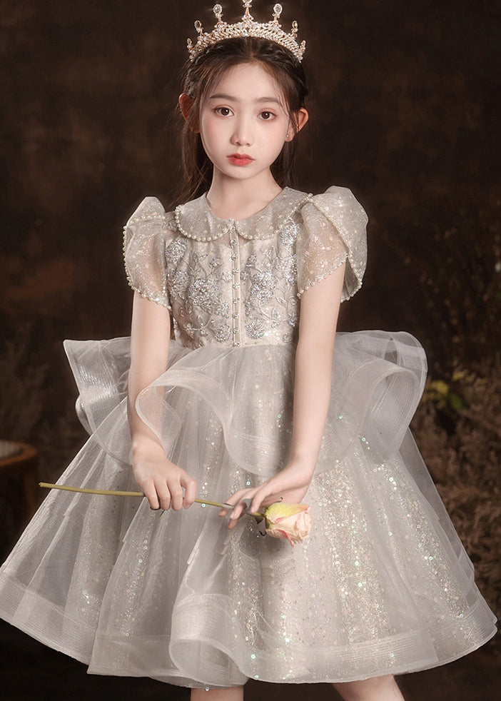 Style Light Grey Peter Pan Collar Nail Bead Tulle Kids Long Dress Short Sleeve