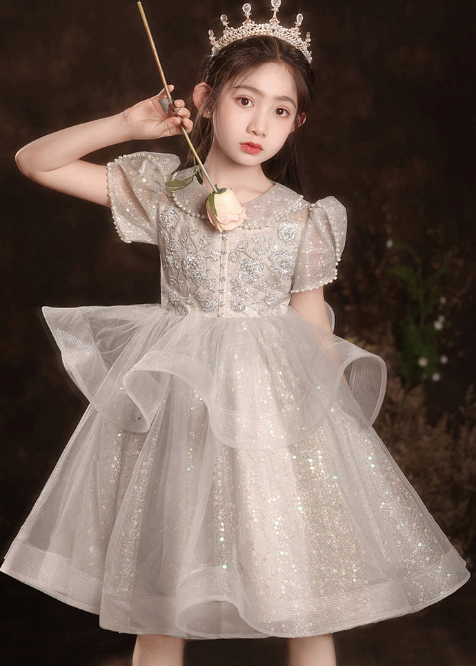 Style Light Grey Peter Pan Collar Nail Bead Tulle Kids Long Dress Short Sleeve